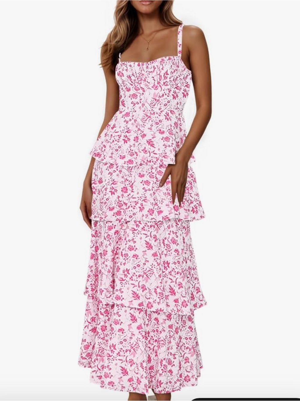 Sleeveless Pink Floral Tiered Maxi Dress